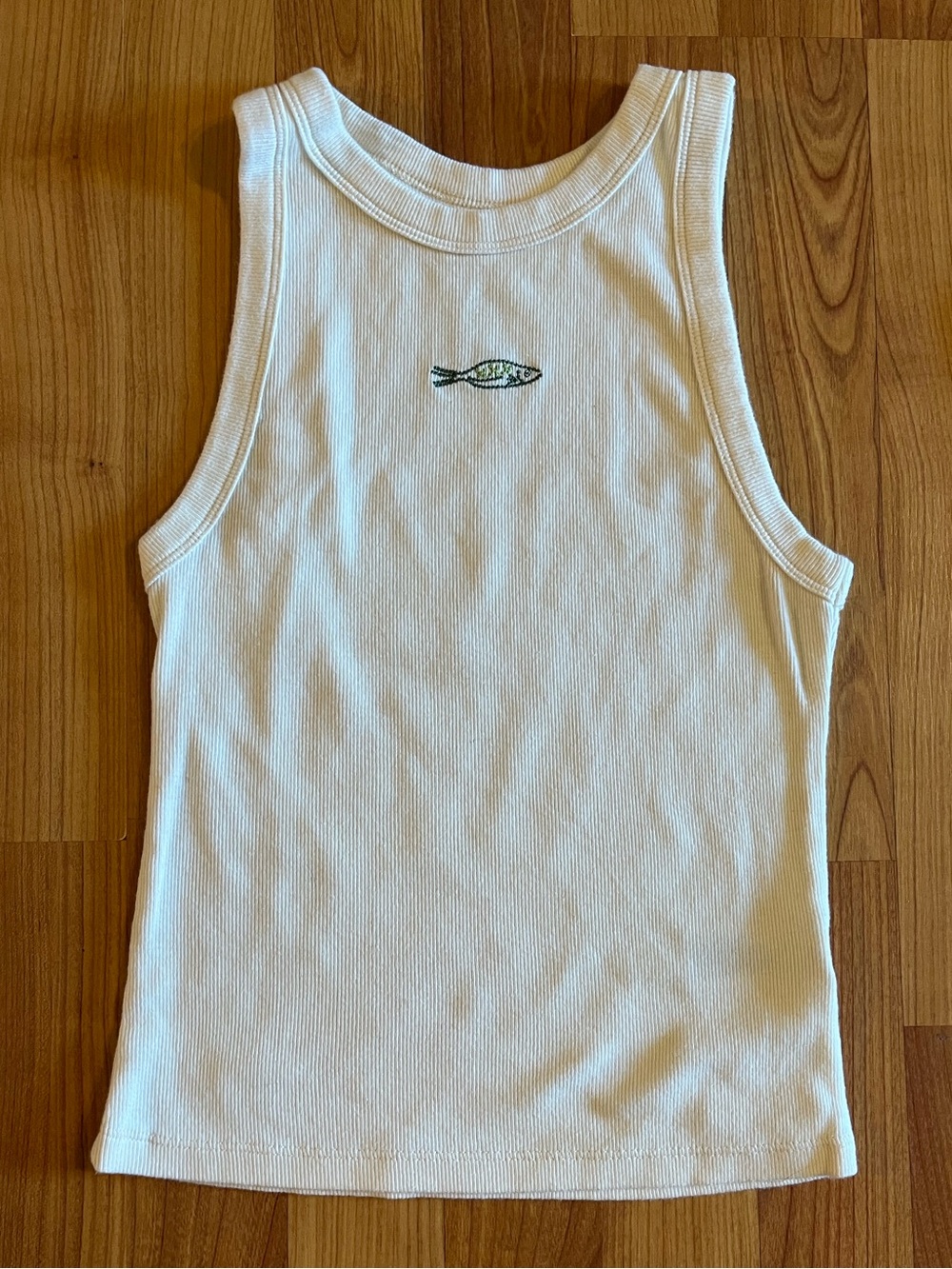 A New Day Cream Ribbed Tank Top with Embroidered Fish-Small